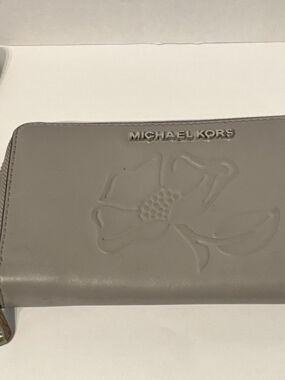 Michael Kors Gray Floral-Embossed Zip Wallet
